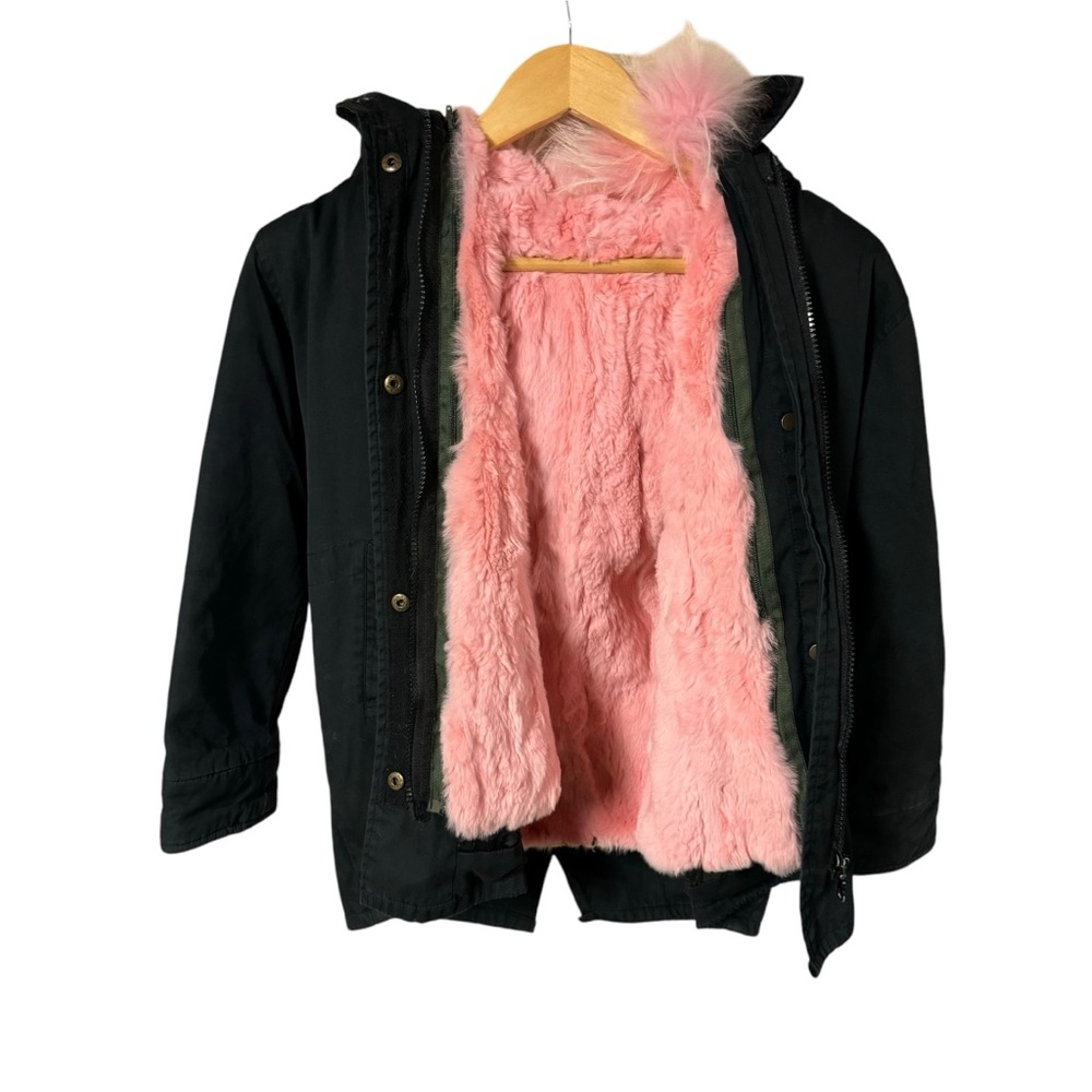 Lola + The Boys girls black‎ jacket with removable faux fur pink vest.  Size 8-9